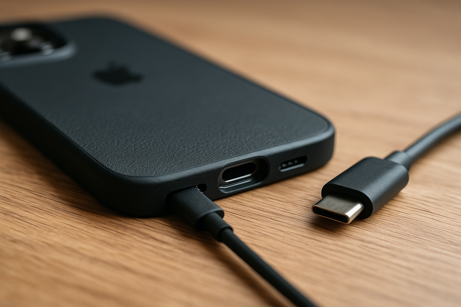 Grafika przedstawia Czy etui wpływa na ładowanie przewodowe i transfer danych w iPhone 16 Pro Max?