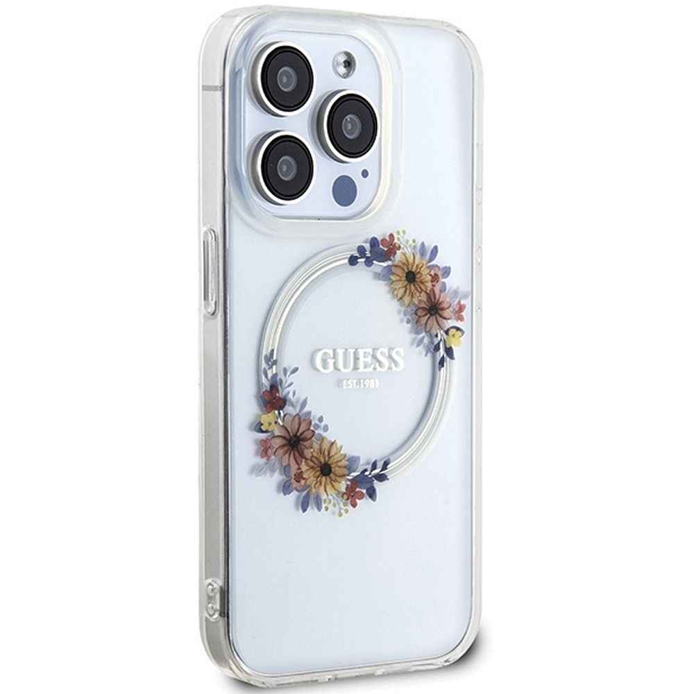 GUESS futerał do IPHONE 15 Pro kompatybilny z MagSafe GUHMP15LHFWFCT (Flowers Wreath) transparentny