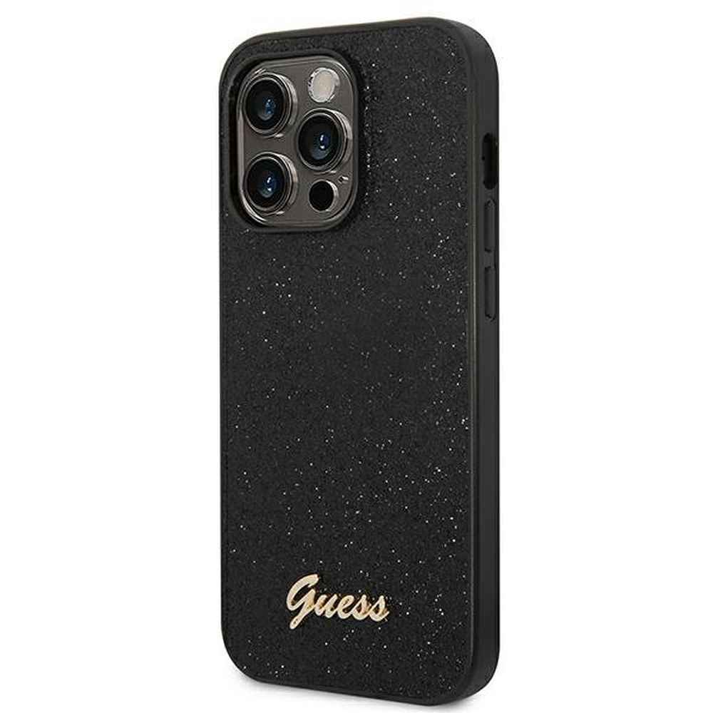 GUESS futerał do IPHONE 14 Pro GUHCP14LHGGSHK (Glitter Flakes Script Metal Logo) czarny