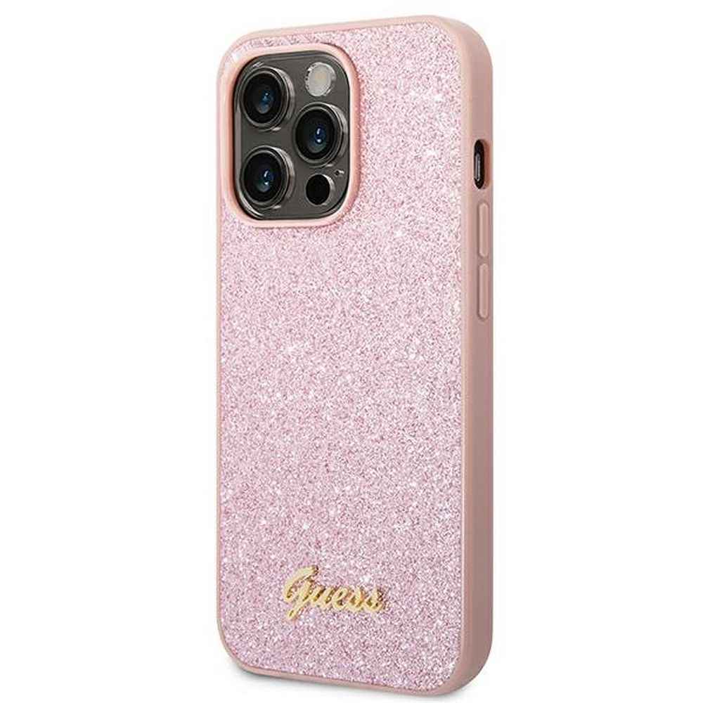 GUESS futerał do IPHONE 14 Pro Max GUHCP14XHGGSHP (Glitter Flakes Script Metal Logo) różowy