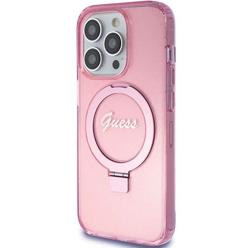 GUESS futerał do IPHONE 15 Pro kompatybilny z MagSafe GUHMP15LHRSGSP (Glitter Script Logo Ring stand) różowy