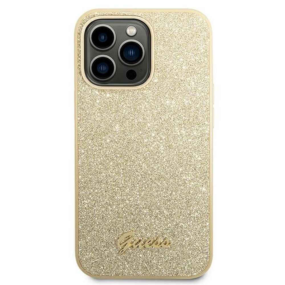 GUESS Etui do iPhone 14 Pro Max GUHCP14XHGGSHD (Glitter Flakes Script Metal Logo) złoty