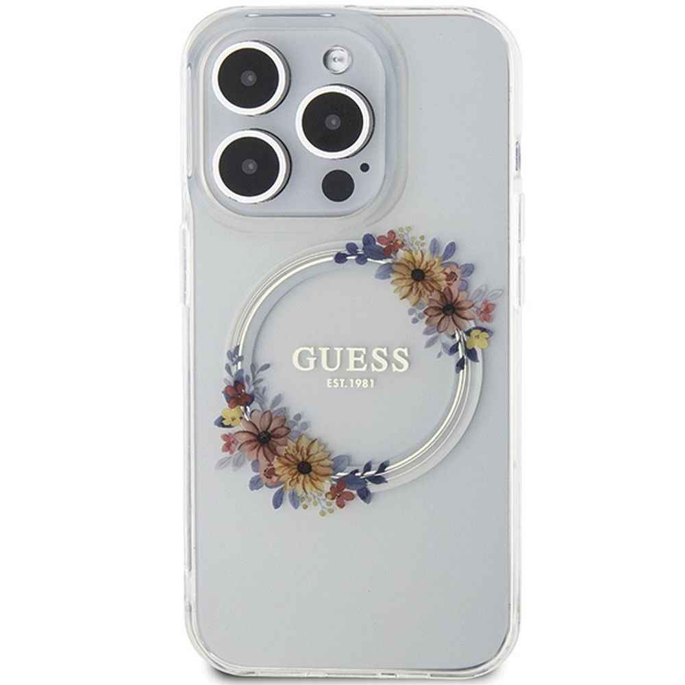 GUESS futerał do IPHONE 15 Pro kompatybilny z MagSafe GUHMP15LHFWFCT (Flowers Wreath) transparentny
