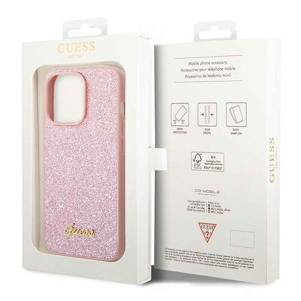 GUESS futerał do IPHONE 14 Pro GUHCP14LHGGSHP (Glitter Flakes Script Metal Logo) różowy