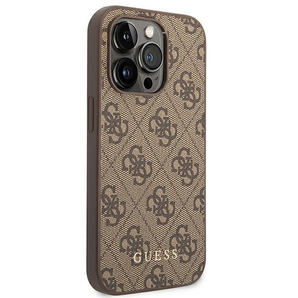 Grafika przedstawia produkt GUESS Etui do iPhone 14 Pro Max GUHCP14XG4GFBR (4G Gold Logo) brązowy dostępny w sklepie Etui24.