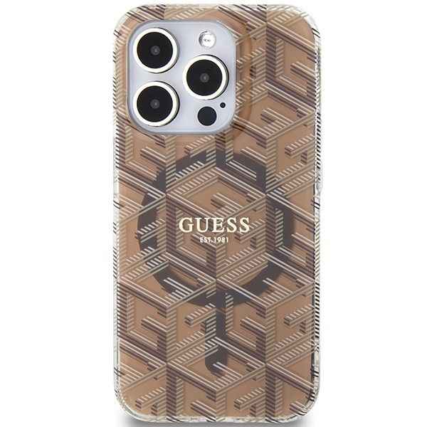 GUESS futerał do IPHONE 15 Pro kompatybilny z MagSafe GUHMP15LHGCUSTGW (IML GCUBE) brązowy