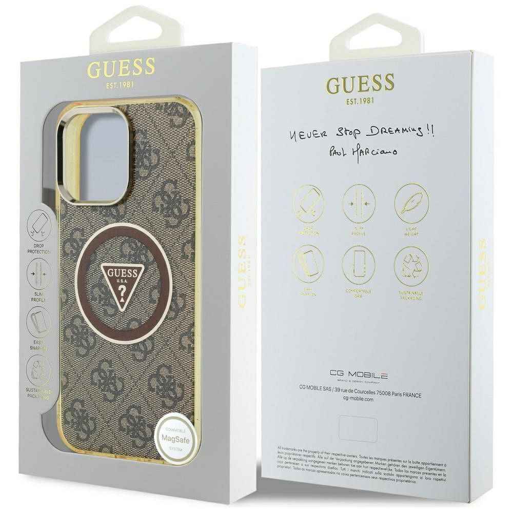 GUESS futerał do IPHONE 16 Pro kompatybilny z MagSafe GUHMP16LHG4PRTGW (IML Metal Glitter 4G Circle Triangle) brązowy