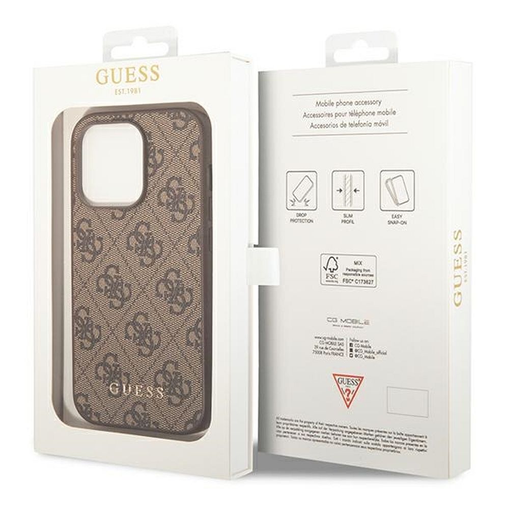 Grafika przedstawia produkt GUESS Etui do iPhone 14 Pro Max GUHCP14XG4GFBR (4G Gold Logo) brązowy dostępny w sklepie Etui24.