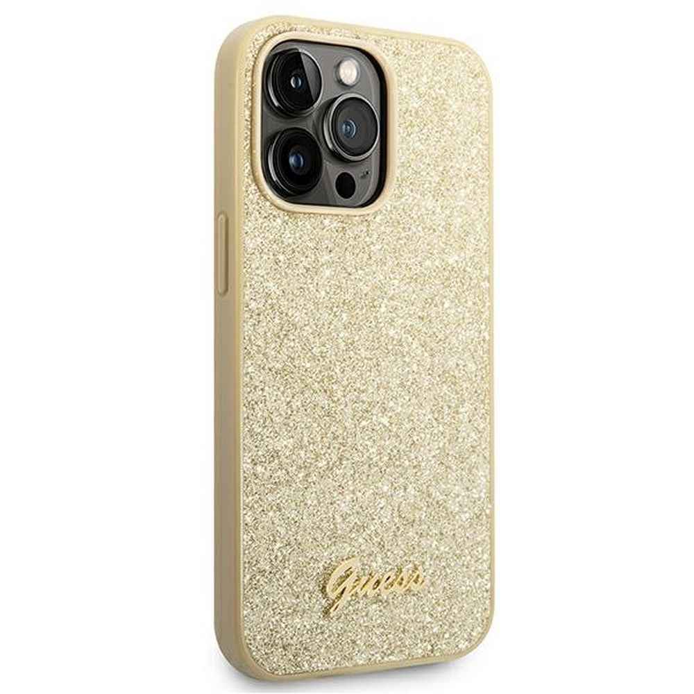 GUESS Etui do iPhone 14 Pro Max GUHCP14XHGGSHD (Glitter Flakes Script Metal Logo) złoty