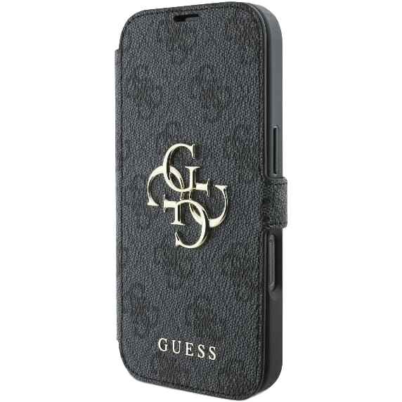 Etui do iPhone 16 Pro zamykane z podstawką Guess 4G Metal Logo, czarna ze złotymi elementami