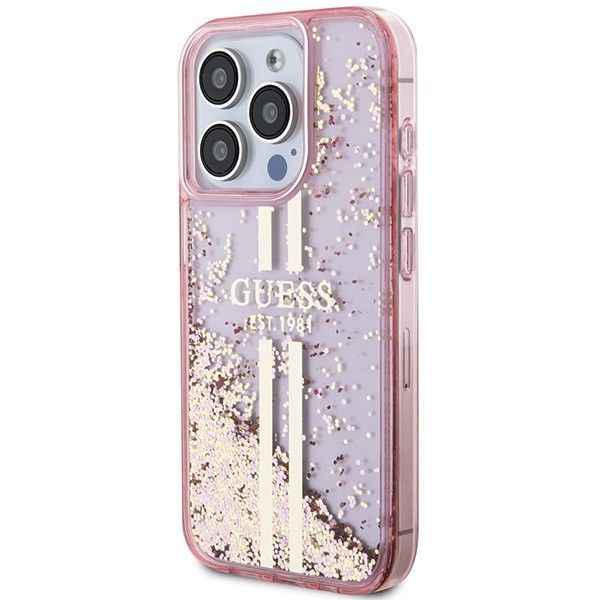 GUESS futerał do IPHONE 15 Pro GUHCP15LLFCSEGP (Liquid Glitter Gold Stripes) różowy