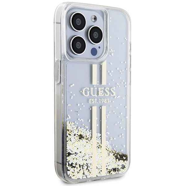 GUESS futerał do IPHONE 15 Pro GUHCP15LLFCSEGT (Liquid Glitter Gold Stripes) transparentny