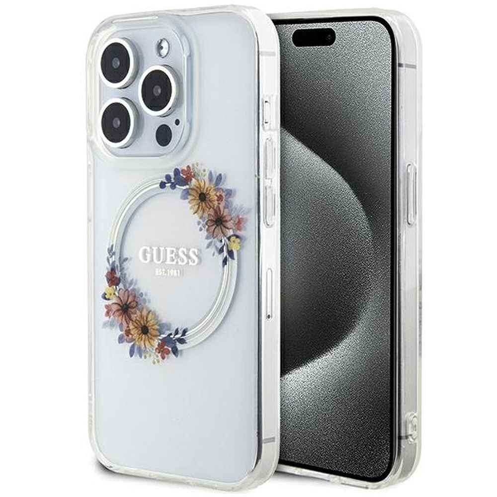 GUESS futerał do IPHONE 15 Pro kompatybilny z MagSafe GUHMP15LHFWFCT (Flowers Wreath) transparentny