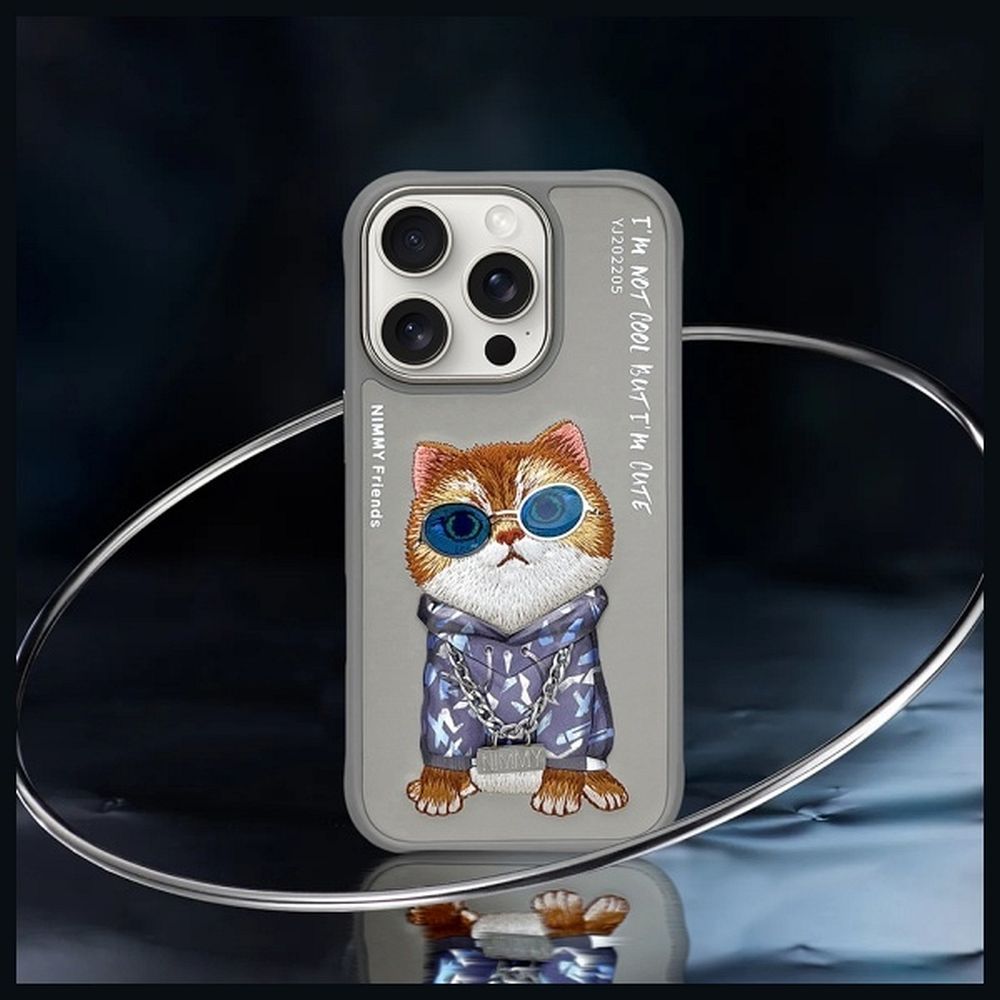 Grafika przedstawia NIMMY futerał GLASSES COOL CAT do iPhone 16 Pro Max szary