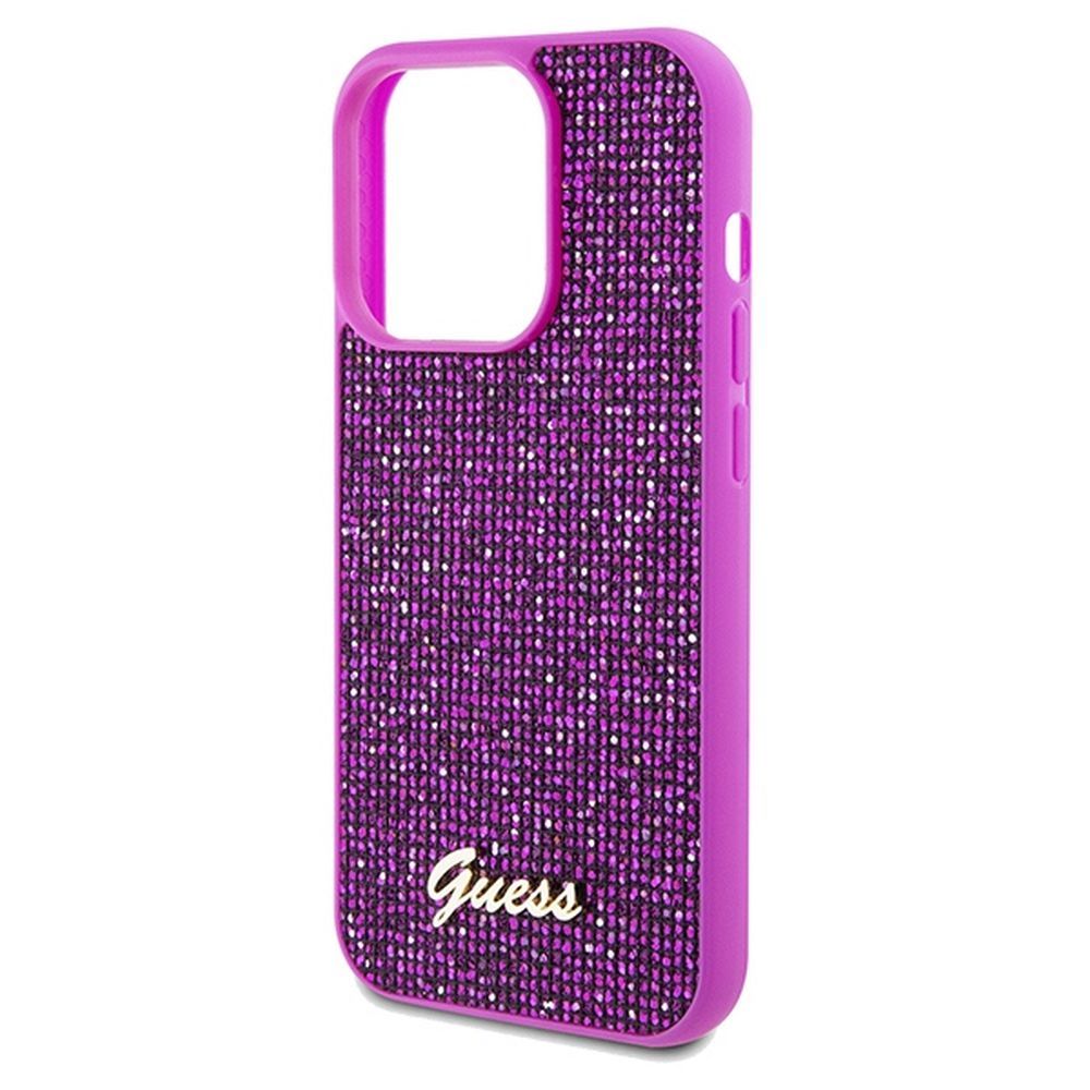 Grafika przedstawia produkt GUESS Etui do iPhone 14 Pro GUHCP14LPMSDGSF (Disco Script Metal) fuksja dostępny w sklepie Etui24.