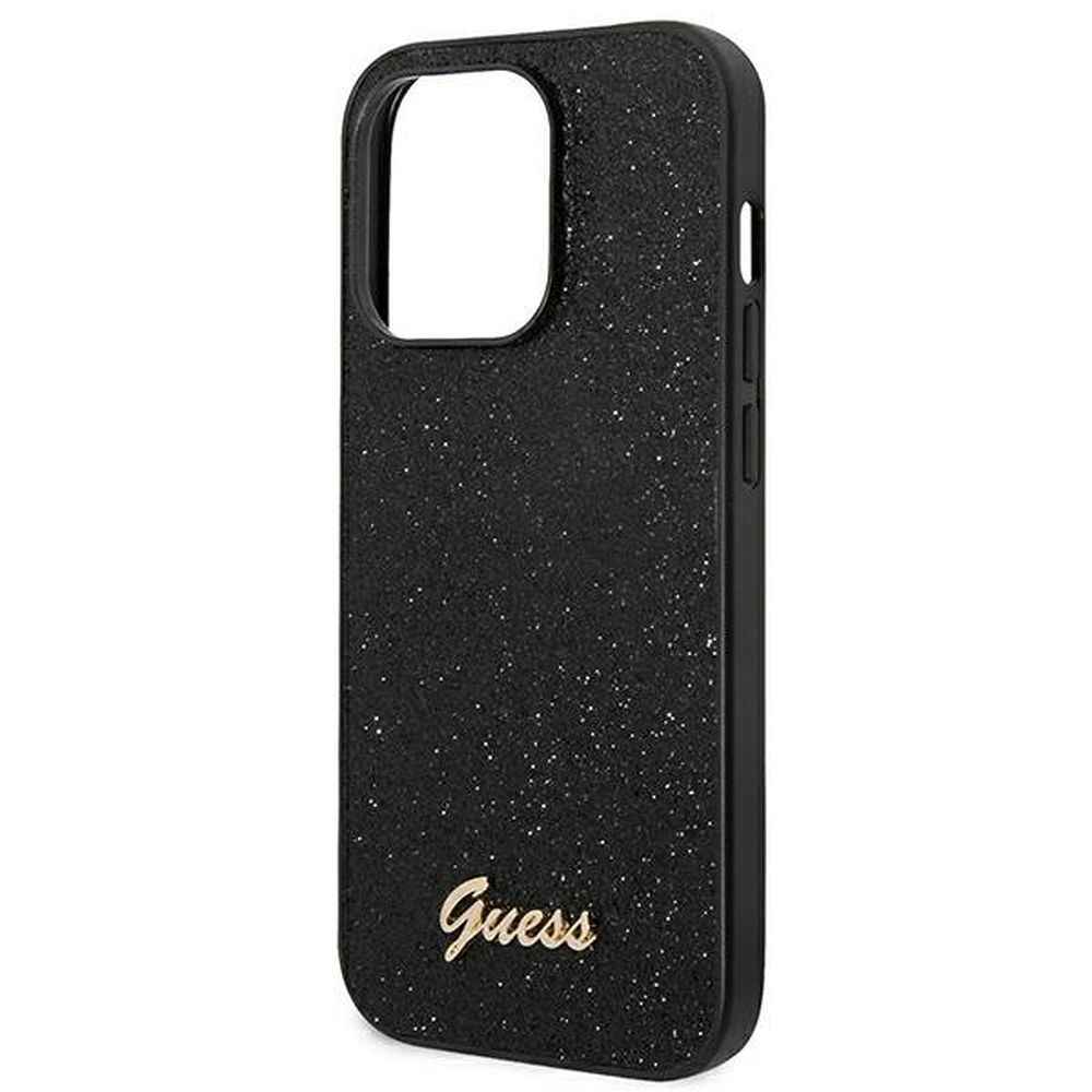 GUESS futerał do IPHONE 14 Pro GUHCP14LHGGSHK (Glitter Flakes Script Metal Logo) czarny