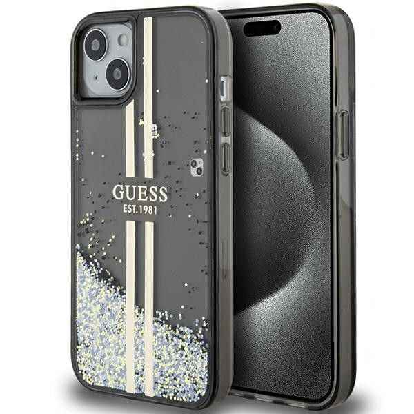 GUESS futerał do IPHONE 15 GUHCP15SLFCSEGK (Liquid Glitter Gold Stripes) czarny