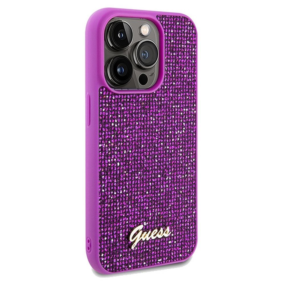 Grafika przedstawia produkt GUESS Etui do iPhone 14 Pro GUHCP14LPMSDGSF (Disco Script Metal) fuksja dostępny w sklepie Etui24.