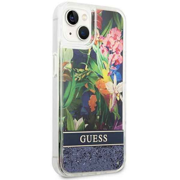 GUESS Etui do iPhone 13 / 14 / 15 GUHCP14SLFLSB (Flower Liquid Glitter) niebieski