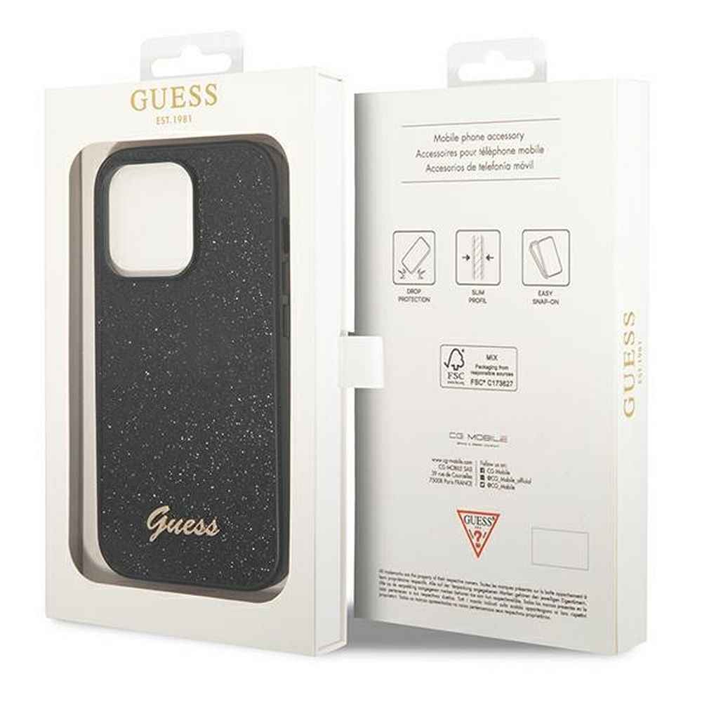 GUESS futerał do IPHONE 14 Pro GUHCP14LHGGSHK (Glitter Flakes Script Metal Logo) czarny