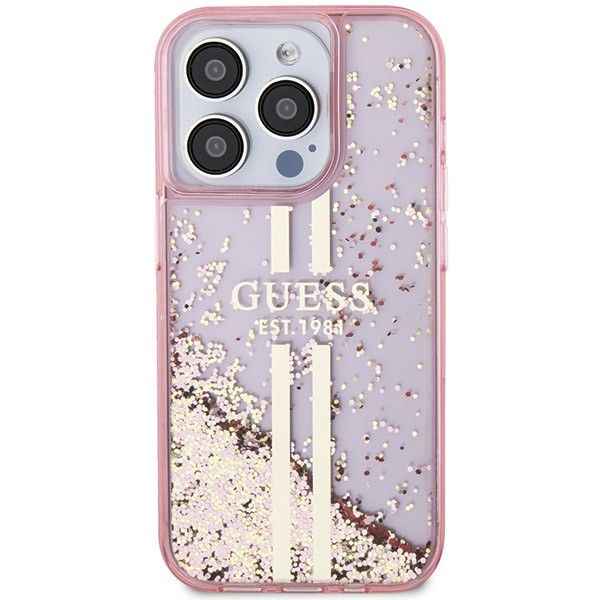 GUESS futerał do IPHONE 15 Pro GUHCP15LLFCSEGP (Liquid Glitter Gold Stripes) różowy