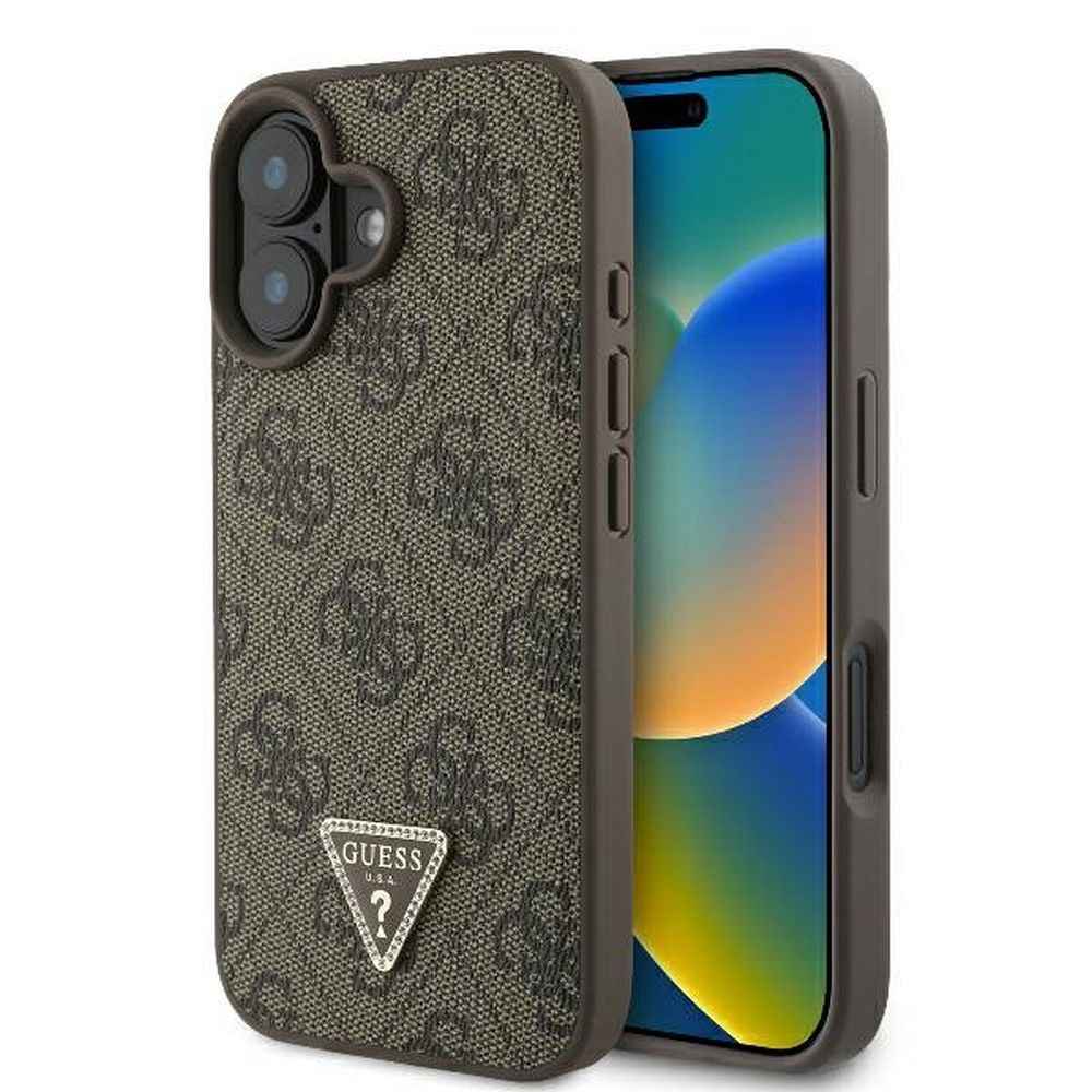 GUESS Etui do iPhone 16 GUHCP16SP4TDPW (PU Leather 4G Triangle Strass) brązowy
