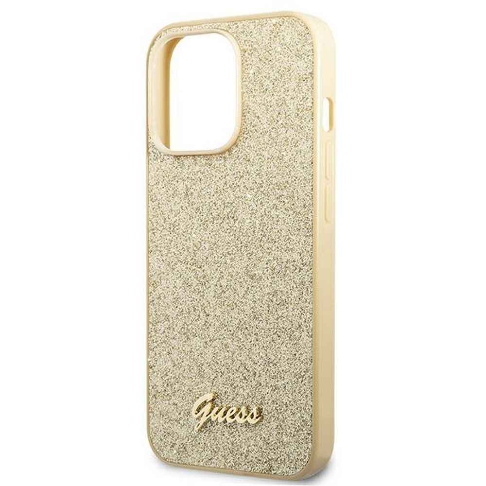 GUESS Etui do iPhone 14 Pro Max GUHCP14XHGGSHD (Glitter Flakes Script Metal Logo) złoty