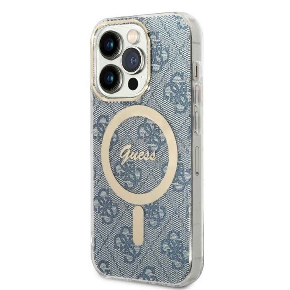 GUESS zestaw do IPHONE 14 Pro kompatybilny z MagSafe GUBPP14LH4EACSB (Bundle Pack / Case + Charger / 4G) złoty niebieski