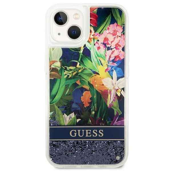 GUESS Etui do iPhone 13 / 14 / 15 GUHCP14SLFLSB (Flower Liquid Glitter) niebieski