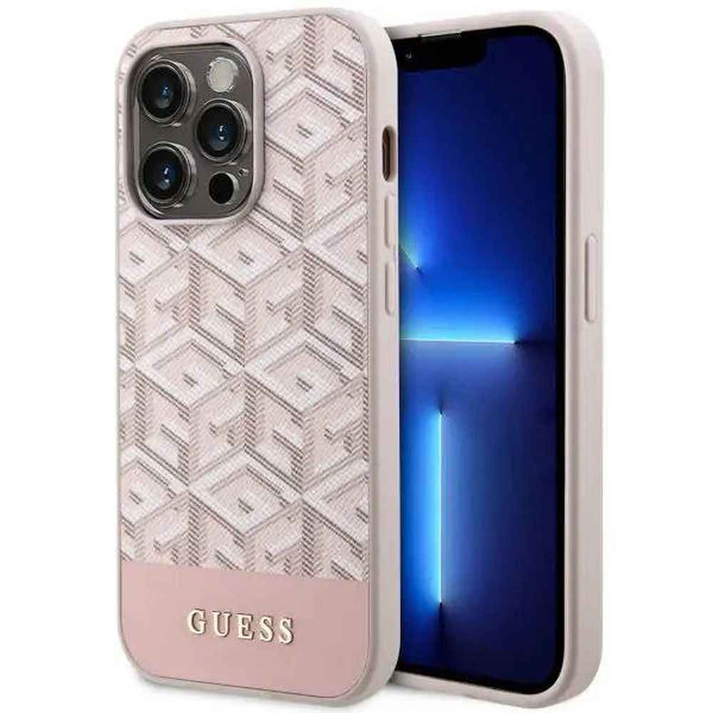 GUESS futerał do IPHONE 14 Pro kompatybilny z MagSafe GUHMP14LHGCFSEP (CUBE Stripes) różowy