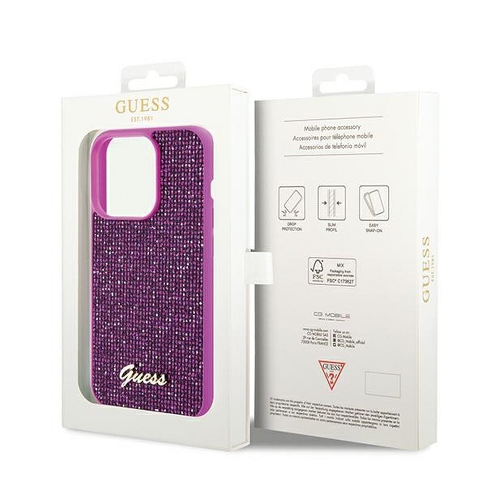 Grafika przedstawia produkt GUESS Etui do iPhone 14 Pro GUHCP14LPMSDGSF (Disco Script Metal) fuksja dostępny w sklepie Etui24.