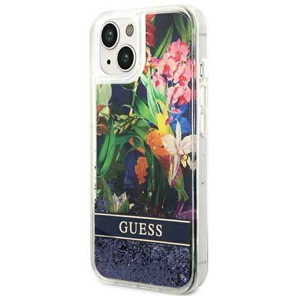 GUESS Etui do iPhone 13 / 14 / 15 GUHCP14SLFLSB (Flower Liquid Glitter) niebieski