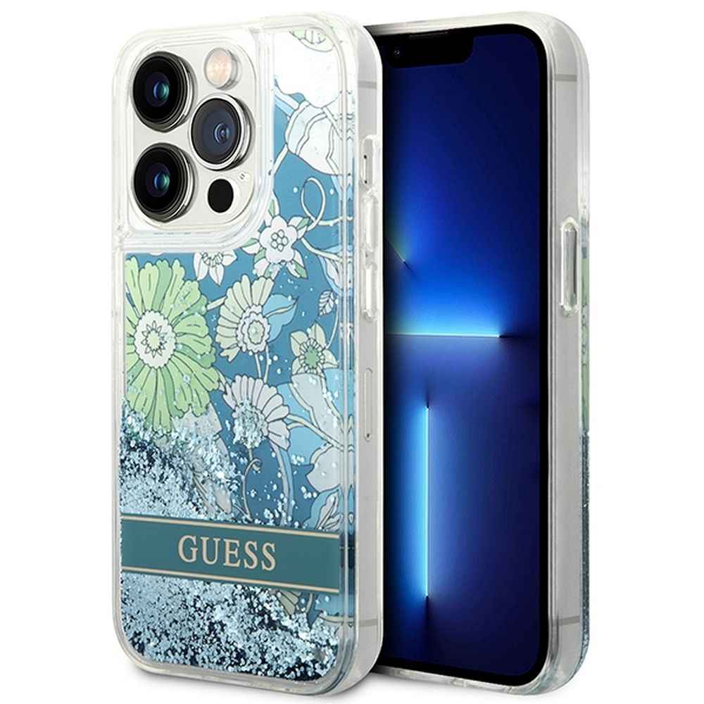 GUESS futerał do IPHONE 14 Pro GUHCP14LLFLSN (Liqide Glitter Flower) zielony