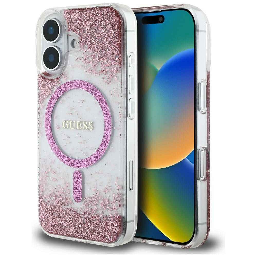 GUESS futerał do IPHONE 16 kompatybilny z MagSafe GUHMP16SRGRGEP (Resin Bottom Glitter) różowy