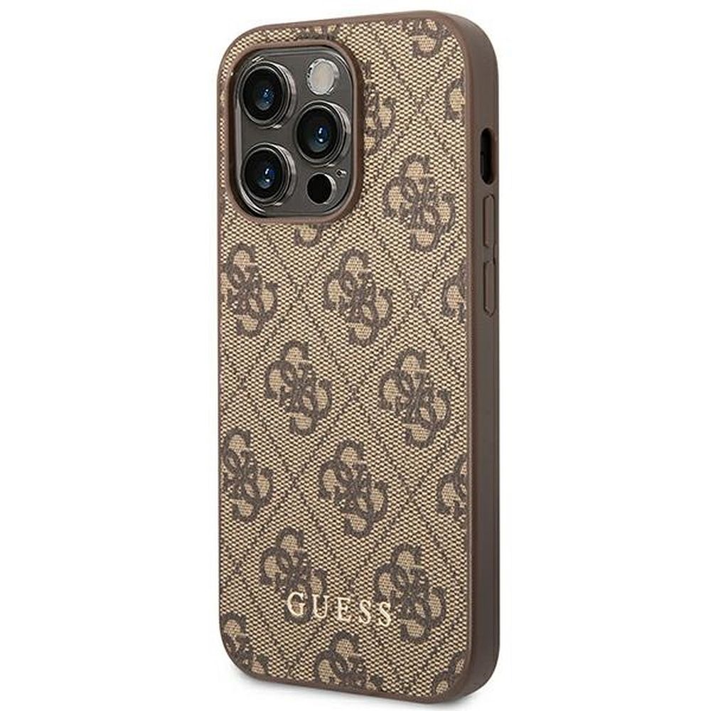 Grafika przedstawia produkt GUESS Etui do iPhone 14 Pro Max GUHCP14XG4GFBR (4G Gold Logo) brązowy dostępny w sklepie Etui24.