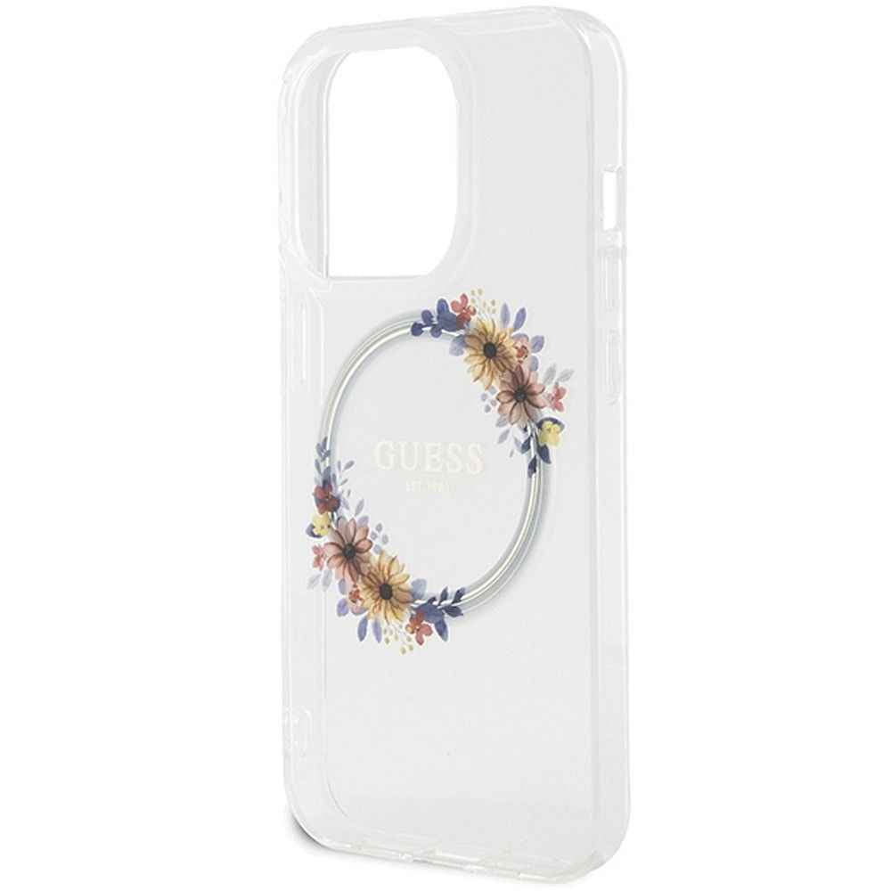 GUESS futerał do IPHONE 15 Pro kompatybilny z MagSafe GUHMP15LHFWFCT (Flowers Wreath) transparentny