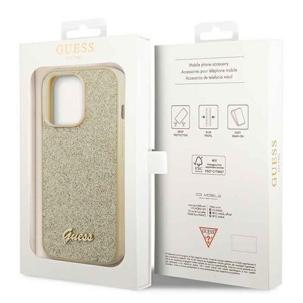 GUESS Etui do iPhone 14 Pro Max GUHCP14XHGGSHD (Glitter Flakes Script Metal Logo) złoty