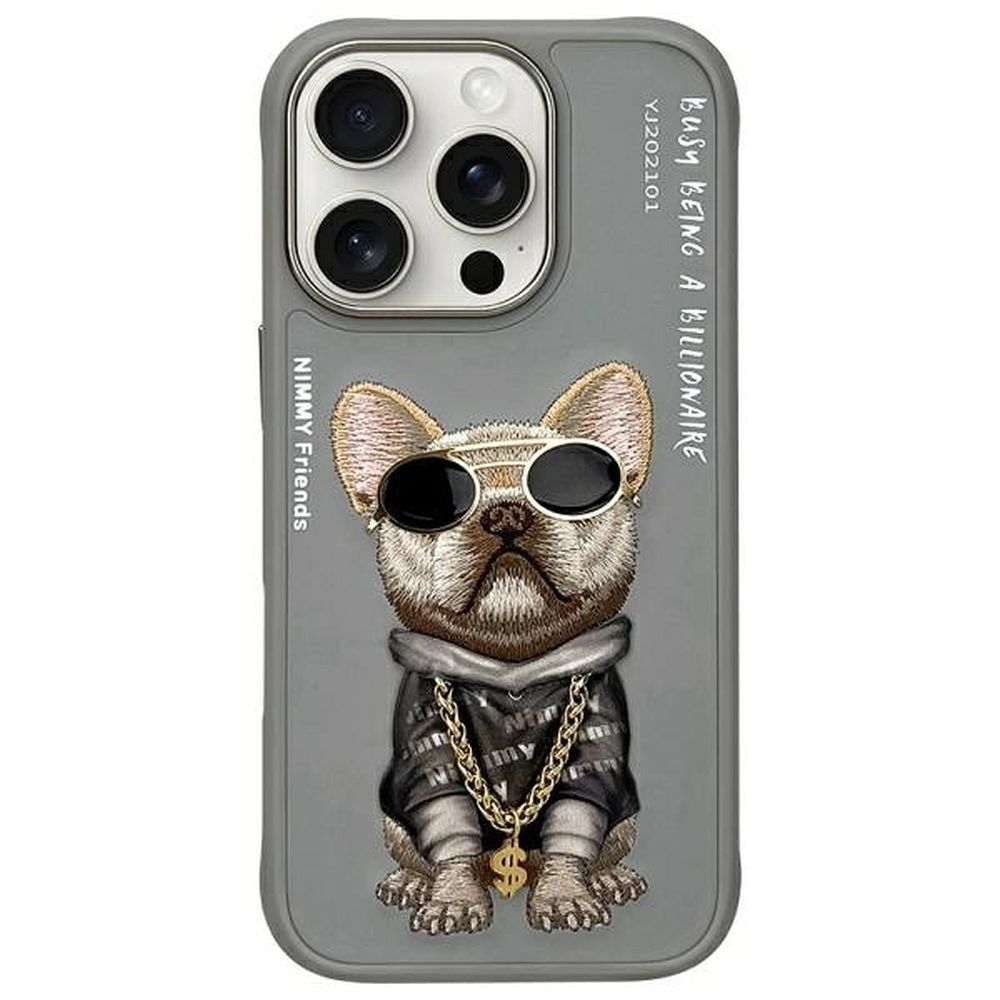 Grafika przedstawia NIMMY futerał GLASSES COOL DOG do iPhone 16 Pro Max szary