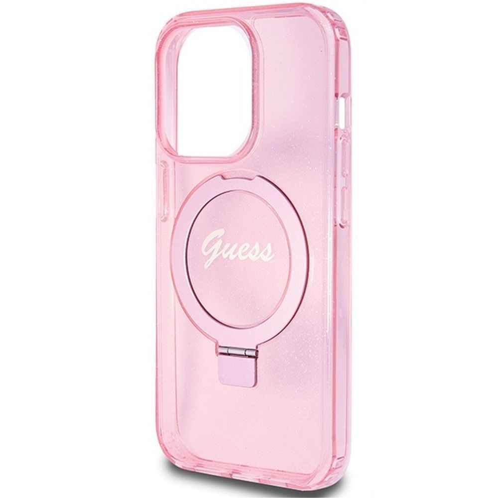 GUESS futerał do IPHONE 15 Pro kompatybilny z MagSafe GUHMP15LHRSGSP (Glitter Script Logo Ring stand) różowy