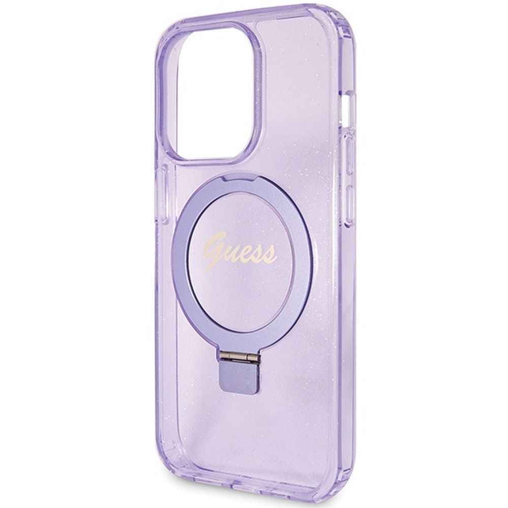 GUESS futerał do IPHONE 15 Pro kompatybilny z MagSafe GUHMP15LHRSGSU (Glitter Script Logo Ring stand) fioletowy