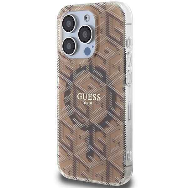 GUESS futerał do IPHONE 15 Pro kompatybilny z MagSafe GUHMP15LHGCUSTGW (IML GCUBE) brązowy