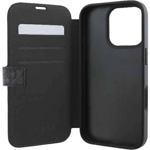 Etui do iPhone 16 Pro zamykane z podstawką Guess 4G Metal Logo, czarna ze złotymi elementami