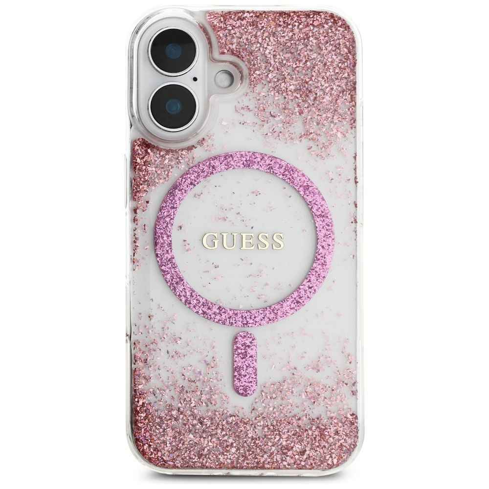 GUESS futerał do IPHONE 16 kompatybilny z MagSafe GUHMP16SRGRGEP (Resin Bottom Glitter) różowy