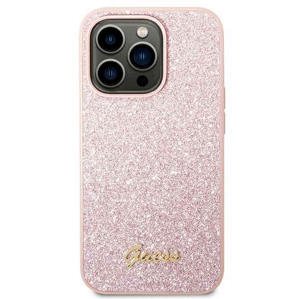 GUESS futerał do IPHONE 14 Pro Max GUHCP14XHGGSHP (Glitter Flakes Script Metal Logo) różowy