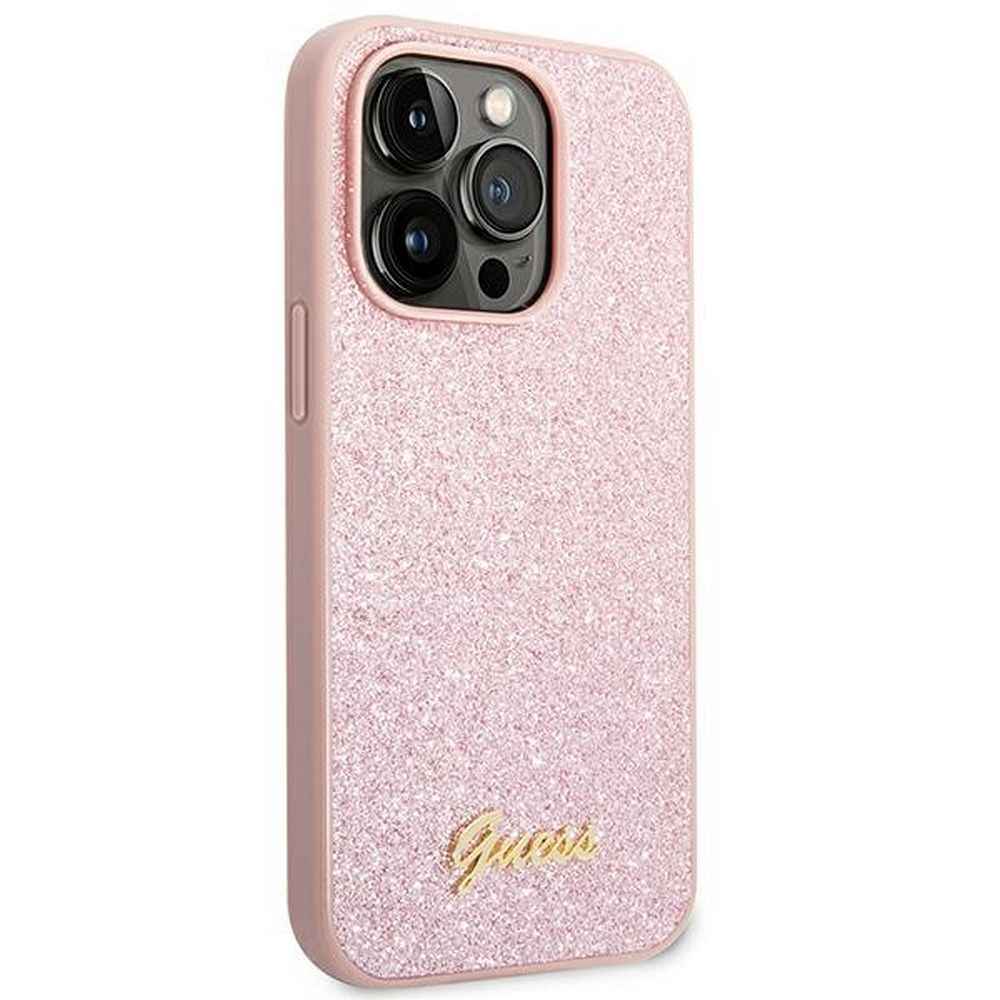 GUESS futerał do IPHONE 14 Pro Max GUHCP14XHGGSHP (Glitter Flakes Script Metal Logo) różowy