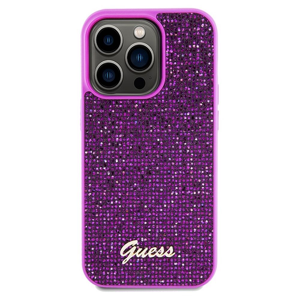 Grafika przedstawia produkt GUESS Etui do iPhone 14 Pro GUHCP14LPMSDGSF (Disco Script Metal) fuksja dostępny w sklepie Etui24.