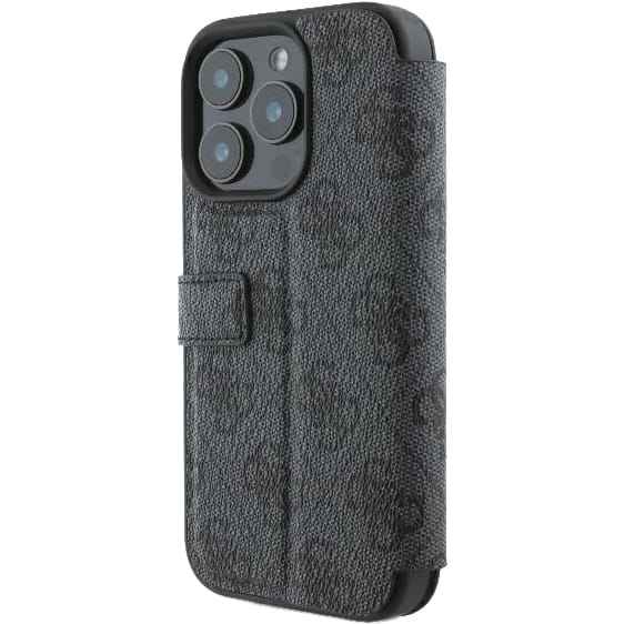 Etui do iPhone 16 Pro zamykane z podstawką Guess 4G Metal Logo, czarna ze złotymi elementami