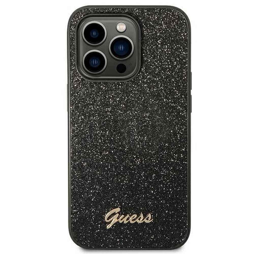 GUESS futerał do IPHONE 14 Pro GUHCP14LHGGSHK (Glitter Flakes Script Metal Logo) czarny