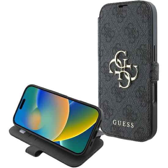 Etui do iPhone 16 Pro zamykane z podstawką Guess 4G Metal Logo, czarna ze złotymi elementami