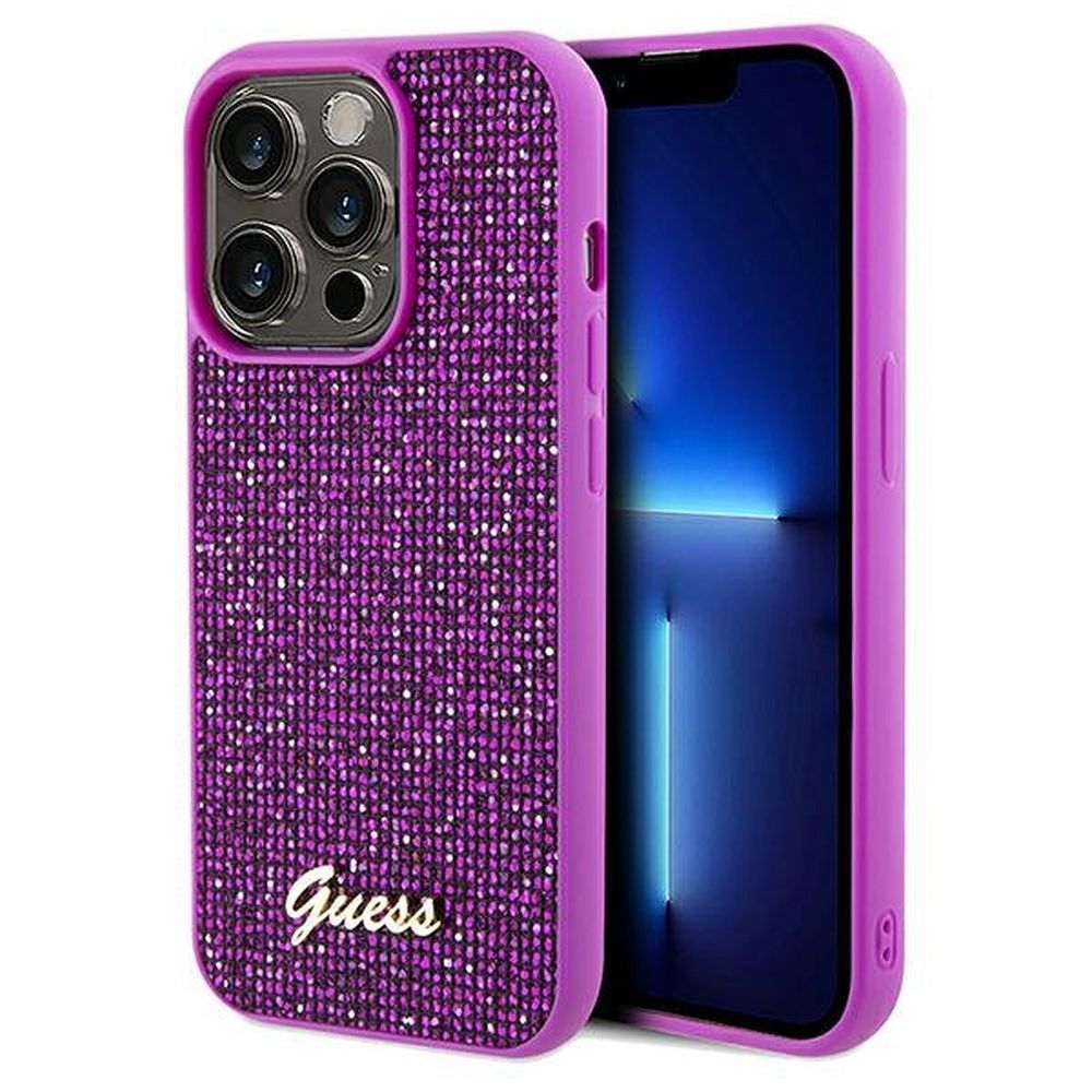 Grafika przedstawia produkt GUESS Etui do iPhone 14 Pro GUHCP14LPMSDGSF (Disco Script Metal) fuksja dostępny w sklepie Etui24.